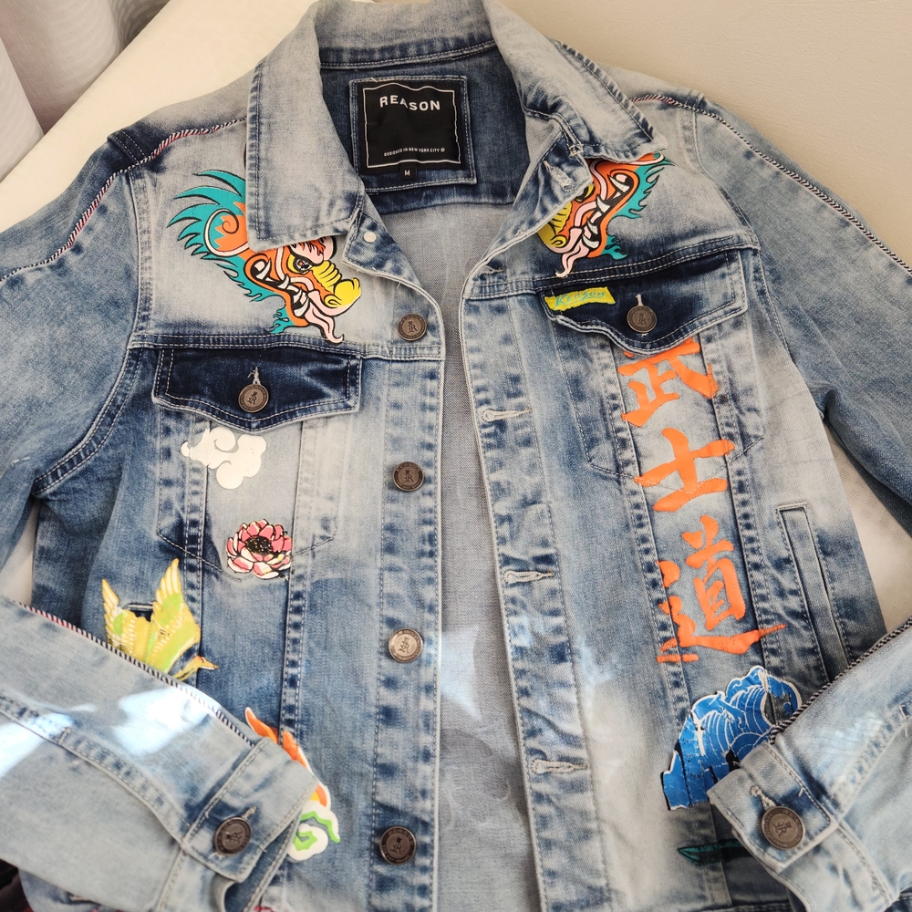 Reason Flaming Dragon Denim Jacket with Colorful Prints. Size M.   #G02 - Picture 4 of 15